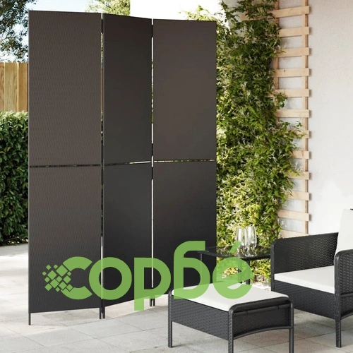 Параван за стая, 3 панела, черен, полиратан ➤ топ цена ➤ sorbe.bg