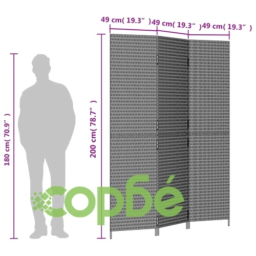 Параван за стая, 3 панела, сив, полиратан ➤ топ цена ➤ sorbe.bg