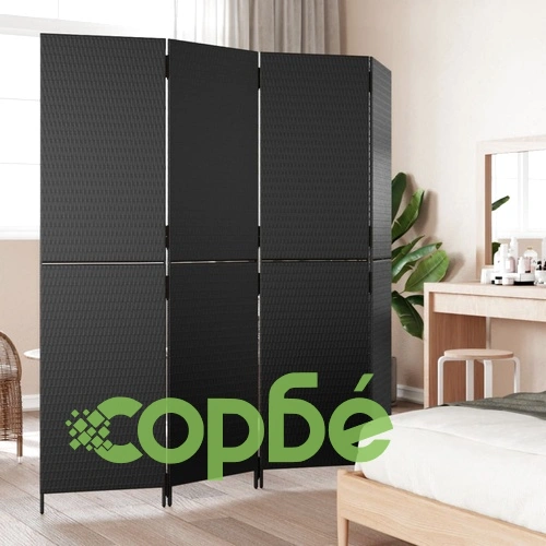 Параван за стая, 4 панела, черен, полиратан ➤ топ цена ➤ sorbe.bg