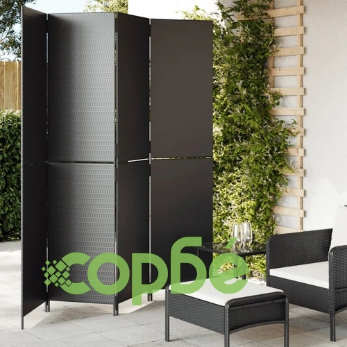 Параван за стая, 4 панела, черен, полиратан ➤ топ цена ➤ sorbe.bg