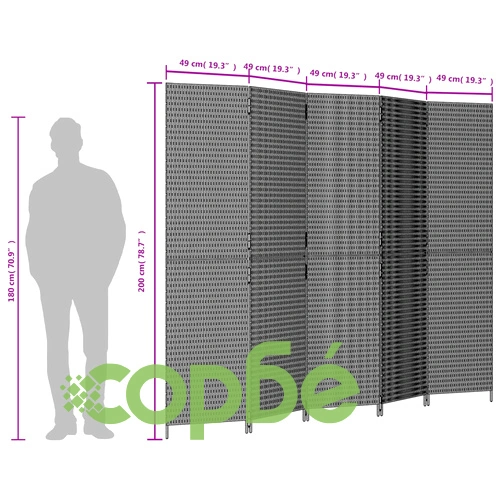 Параван за стая, 5 панела, черен, полиратан ➤ топ цена ➤ sorbe.bg