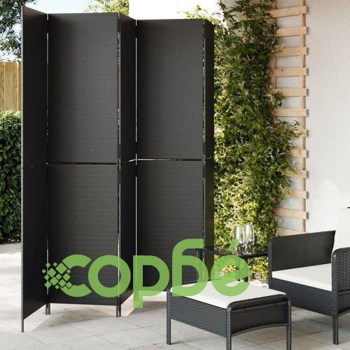 Параван за стая, 5 панела, черен, полиратан ➤ топ цена ➤ sorbe.bg