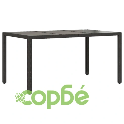 Градинска маса със стъклен плот черен 150x90x75 см полиратан ➤ топ цена ➤ sorbe.bg