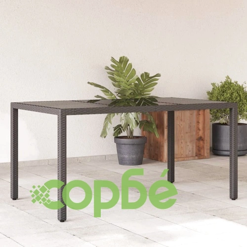 Градинска маса със стъклен плот черен 150x90x75 см полиратан ➤ топ цена ➤ sorbe.bg
