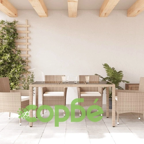 Градинска маса със стъклен плот бежова 150x90x75 см полиратан ➤ топ цена ➤ sorbe.bg