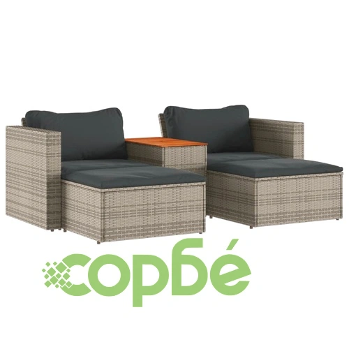 Градински диван с възглавници, 5 части, сив полиратан акация ➤ топ цена ➤ sorbe.bg