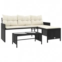 Градински диван с маса и възглавници, ъглов, черен полиратан