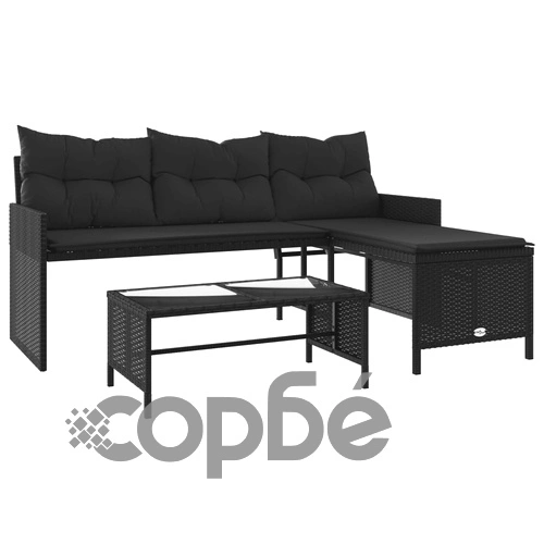 Градински диван с маса и възглавници, ъглов, черен полиратан ➤ топ цена ➤ sorbe.bg