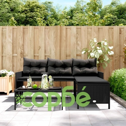 Градински диван с маса и възглавници, ъглов, черен полиратан ➤ топ цена ➤ sorbe.bg