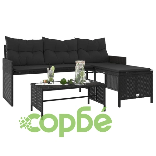 Градински диван с маса и възглавници, ъглов, черен полиратан ➤ топ цена ➤ sorbe.bg