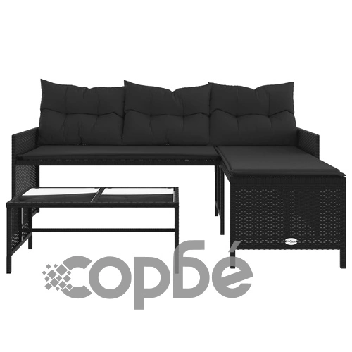 Градински диван с маса и възглавници, ъглов, черен полиратан ➤ топ цена ➤ sorbe.bg