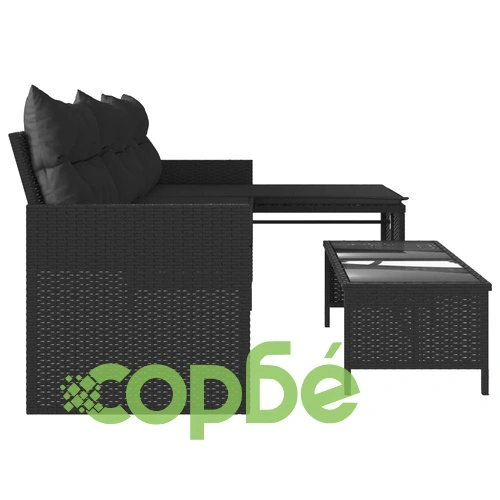 Градински диван с маса и възглавници, ъглов, черен полиратан ➤ топ цена ➤ sorbe.bg