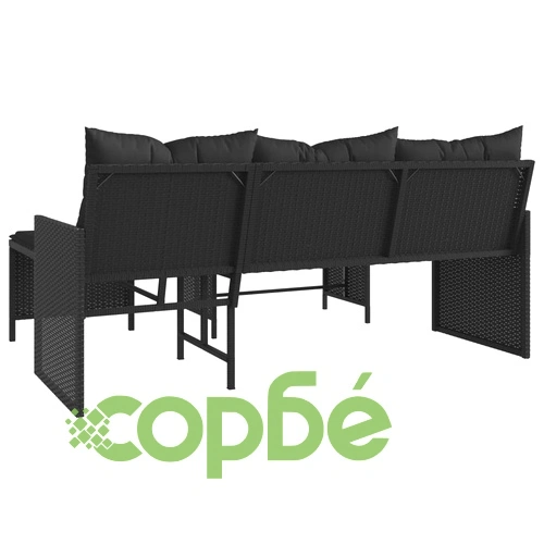 Градински диван с маса и възглавници, ъглов, черен полиратан ➤ топ цена ➤ sorbe.bg
