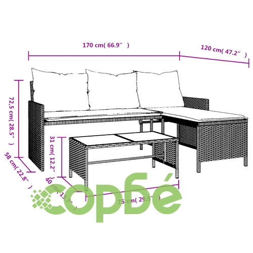 Градински диван с маса и възглавници, ъглов, черен полиратан ➤ топ цена ➤ sorbe.bg