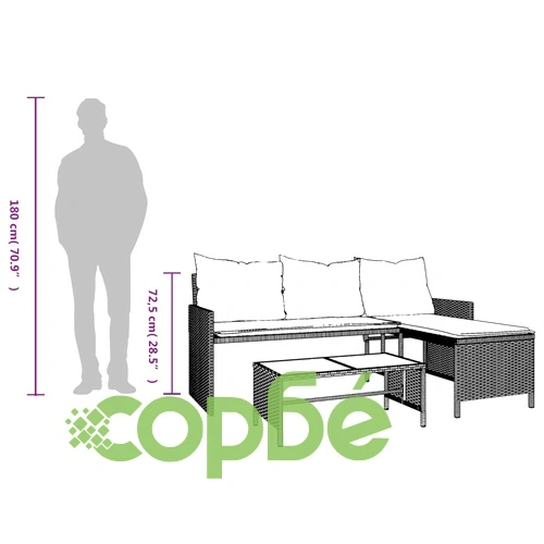 Градински диван с маса и възглавници, ъглов, черен полиратан ➤ топ цена ➤ sorbe.bg
