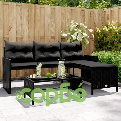 Градински диван с маса и възглавници, ъглов, черен полиратан ➤ топ цена ➤ sorbe.bg