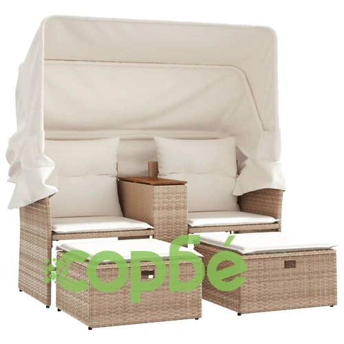 2-местен градински диван със сенник и табуретки бежов полиратан ➤ топ цена ➤ sorbe.bg