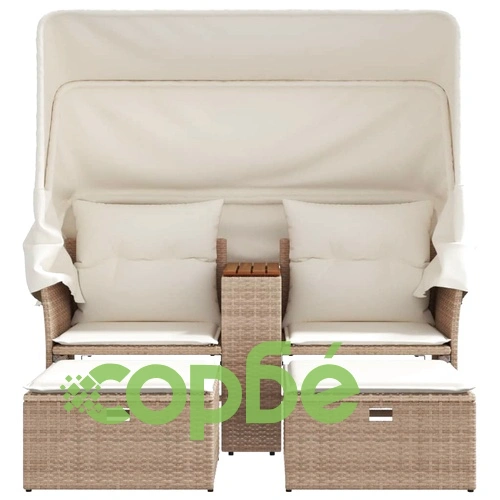 2-местен градински диван със сенник и табуретки бежов полиратан ➤ топ цена ➤ sorbe.bg