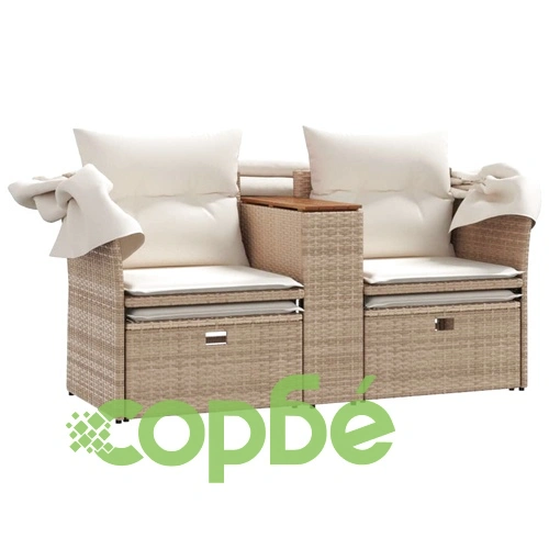 2-местен градински диван със сенник и табуретки бежов полиратан ➤ топ цена ➤ sorbe.bg