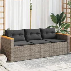 Градински диван с възглавници, 3-местен, сив, полиратан