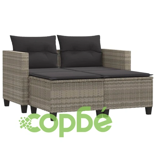 Двуместен градински диван с табуретки, светлосив, полиратан ➤ топ цена ➤ sorbe.bg