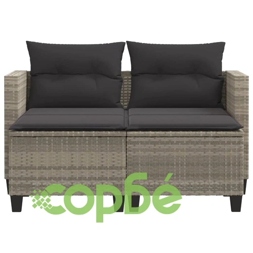 Двуместен градински диван с табуретки, светлосив, полиратан ➤ топ цена ➤ sorbe.bg