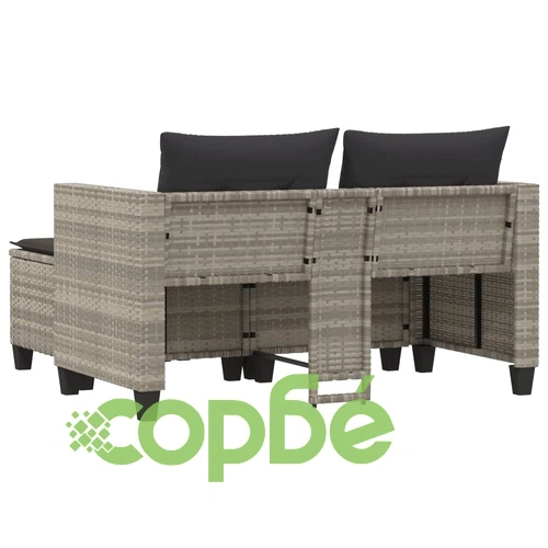 Двуместен градински диван с табуретки, светлосив, полиратан ➤ топ цена ➤ sorbe.bg