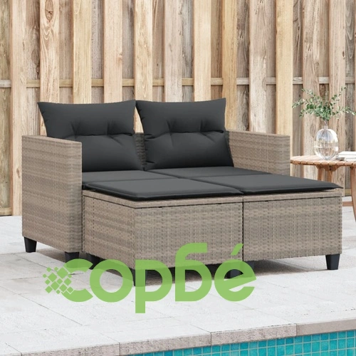 Двуместен градински диван с табуретки, светлосив, полиратан ➤ топ цена ➤ sorbe.bg
