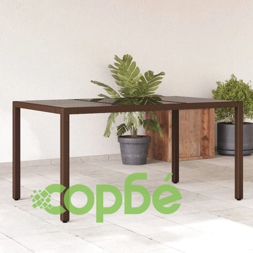 Градинска маса със стъклен плот кафява 150x90x75 см полиратан ➤ топ цена ➤ sorbe.bg
