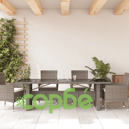 Градинска маса със стъклен плот сива 240x90x75 см полиратан ➤ топ цена ➤ sorbe.bg