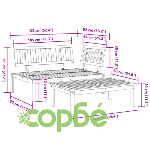 Градински диван от палети, 2 части, акация масив ➤ топ цена ➤ sorbe.bg