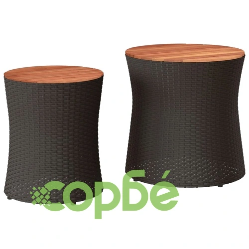 Градински помощни маси 2 бр с дървен плот черен полиратан ➤ топ цена ➤ sorbe.bg