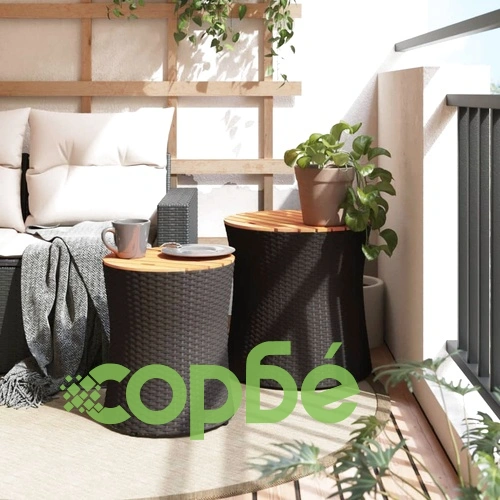 Градински помощни маси 2 бр с дървен плот черен полиратан ➤ топ цена ➤ sorbe.bg