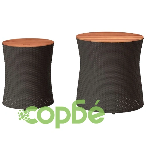 Градински помощни маси 2 бр с дървен плот черен полиратан ➤ топ цена ➤ sorbe.bg