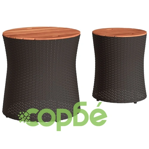 Градински помощни маси 2 бр с дървен плот черен полиратан ➤ топ цена ➤ sorbe.bg