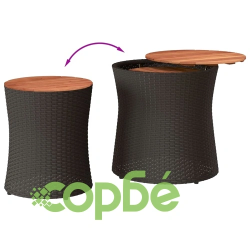 Градински помощни маси 2 бр с дървен плот черен полиратан ➤ топ цена ➤ sorbe.bg