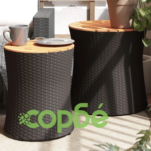 Градински помощни маси 2 бр с дървен плот черен полиратан ➤ топ цена ➤ sorbe.bg