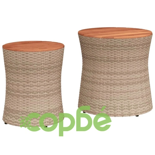 Градински помощни маси 2 бр с дървен плот бежов полиратан ➤ топ цена ➤ sorbe.bg