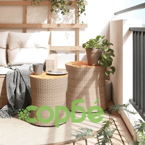 Градински помощни маси 2 бр с дървен плот бежов полиратан ➤ топ цена ➤ sorbe.bg