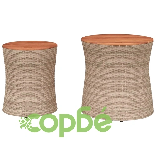 Градински помощни маси 2 бр с дървен плот бежов полиратан ➤ топ цена ➤ sorbe.bg