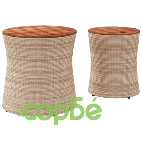 Градински помощни маси 2 бр с дървен плот бежов полиратан ➤ топ цена ➤ sorbe.bg