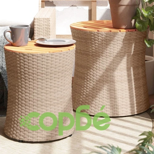 Градински помощни маси 2 бр с дървен плот бежов полиратан ➤ топ цена ➤ sorbe.bg