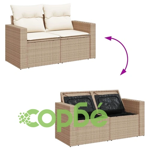 Градински диван с възглавници 2-местен бежов полиратан ➤ топ цена ➤ sorbe.bg