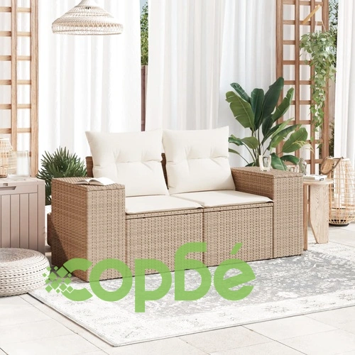 Градински диван с възглавници 2-местен бежов полиратан ➤ топ цена ➤ sorbe.bg