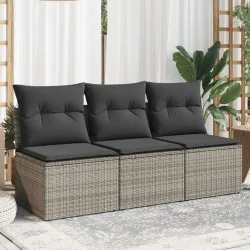 Градински диван с възглавници, 3-местен, сив, полиратан