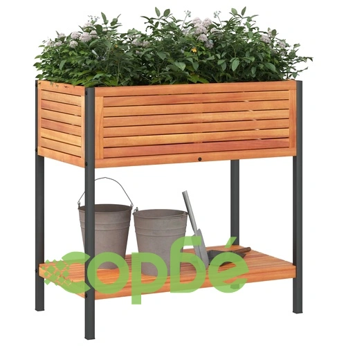 Градинска кашпа с рафт 80x45x80 см масивна акация и стомана ➤ топ цена ➤ sorbe.bg