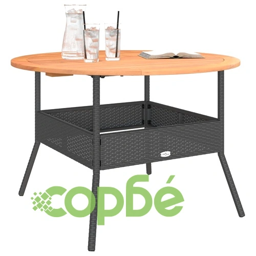 Градинска маса с дървен плот акация черна 110x71 см полиратан ➤ топ цена ➤ sorbe.bg