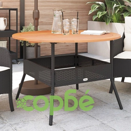 Градинска маса с дървен плот акация черна 110x71 см полиратан ➤ топ цена ➤ sorbe.bg
