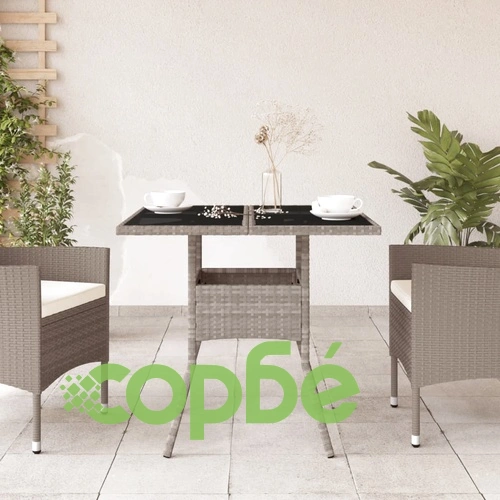Градинска маса със стъклен плот светлосив 80x80x75 см полиратан ➤ топ цена ➤ sorbe.bg
