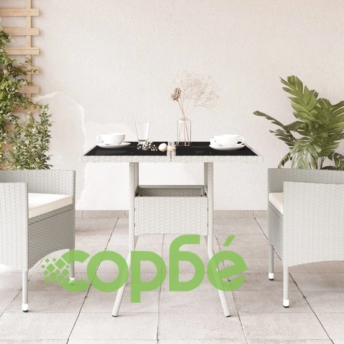 Градинска маса със стъклен плот бяла 80x80x75 см полиратан ➤ топ цена ➤ sorbe.bg
